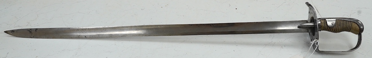 A 1796 heavy cavalry trooper’s sword, regulation blade stamped Dawes, with inspector’s mark, spear point, regulation hilt with side guard removed, grip replaced, blade 88cm. Condition - fair, age wear overall